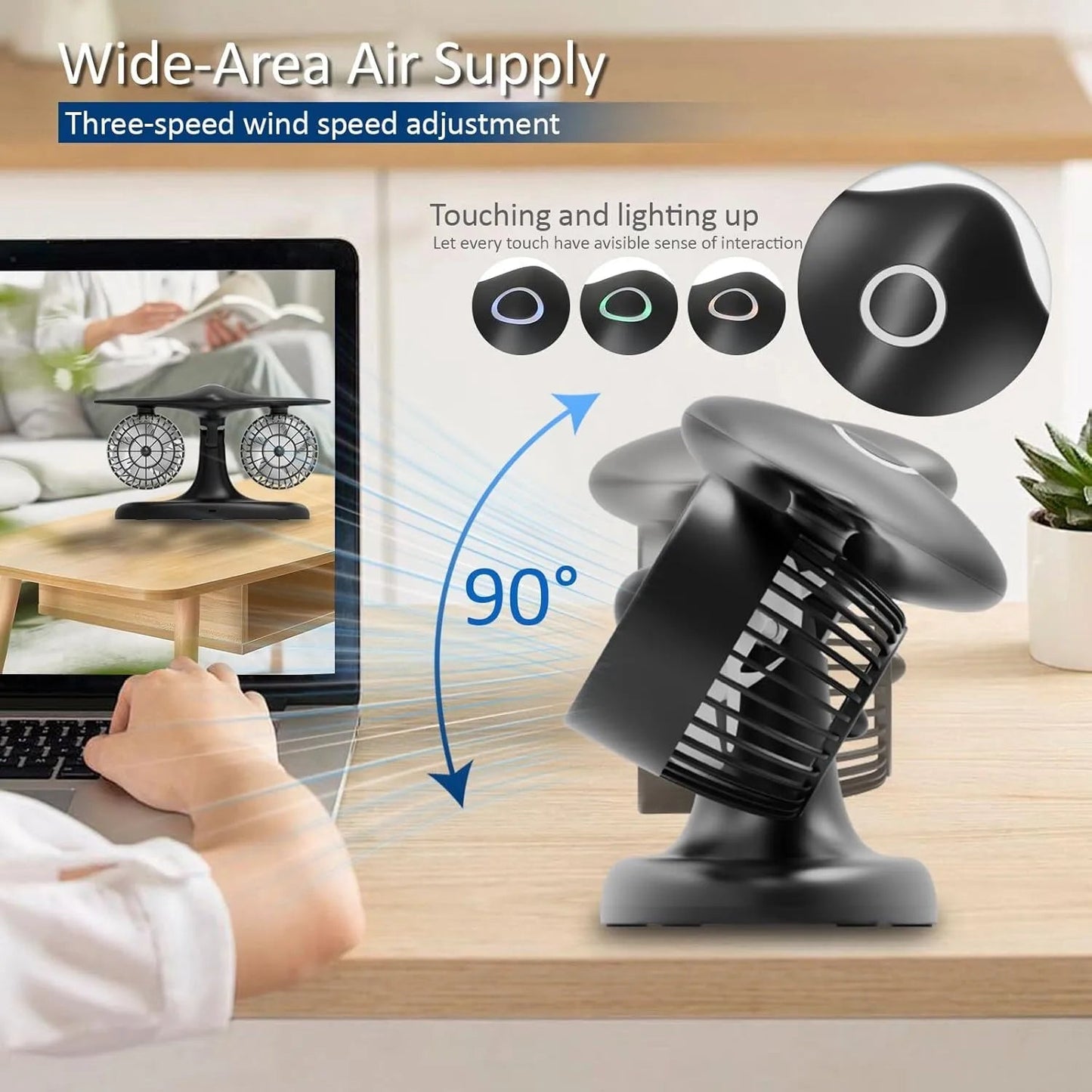 3-speed 90° rotating silent cooling desk fan